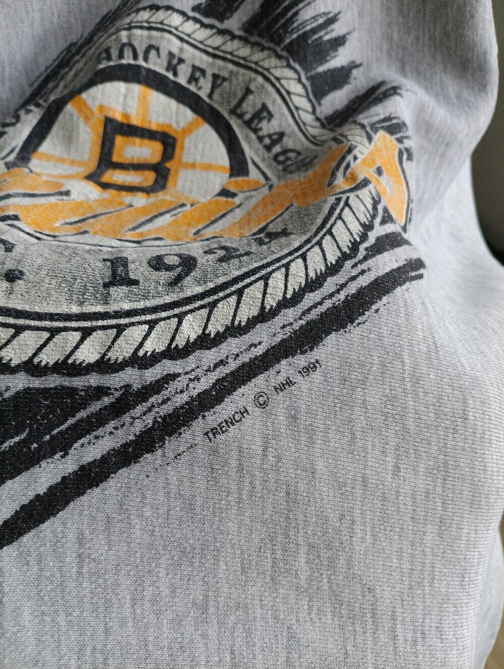 VTG 1991 Boston Bruins NHL Trench Crewneck Sweatshirt XL Distressed Grey - Picture 4 of 11